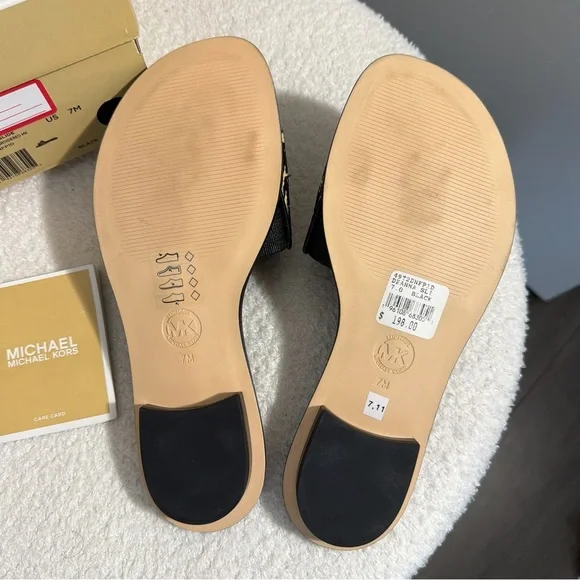 Michael Kors Deanna Black and Tan Slide Sandals - Picture 2 of 9